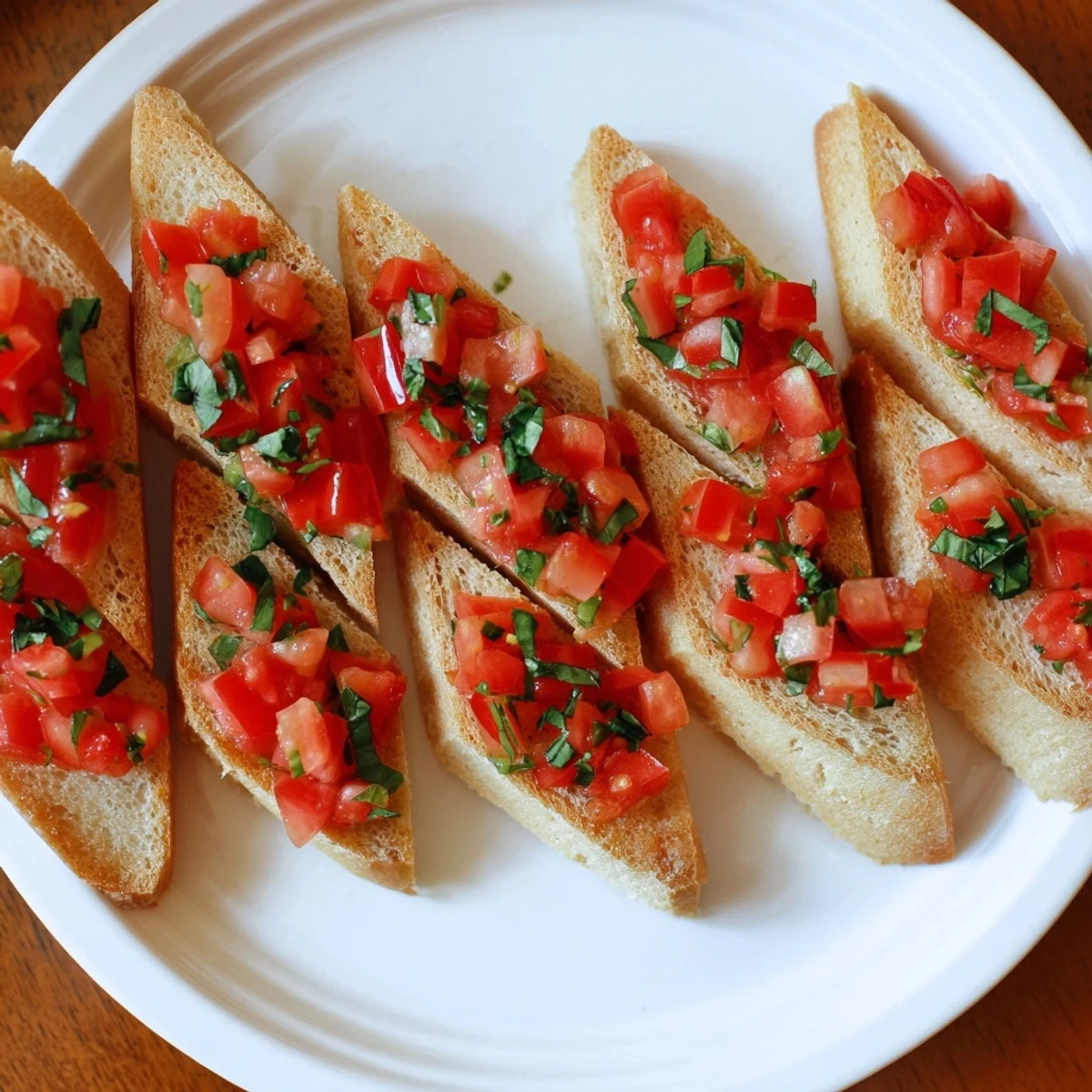 Italian Bruschetta toasts: toasted baguette slices piled high with juicy tomatoes, looking delicious.