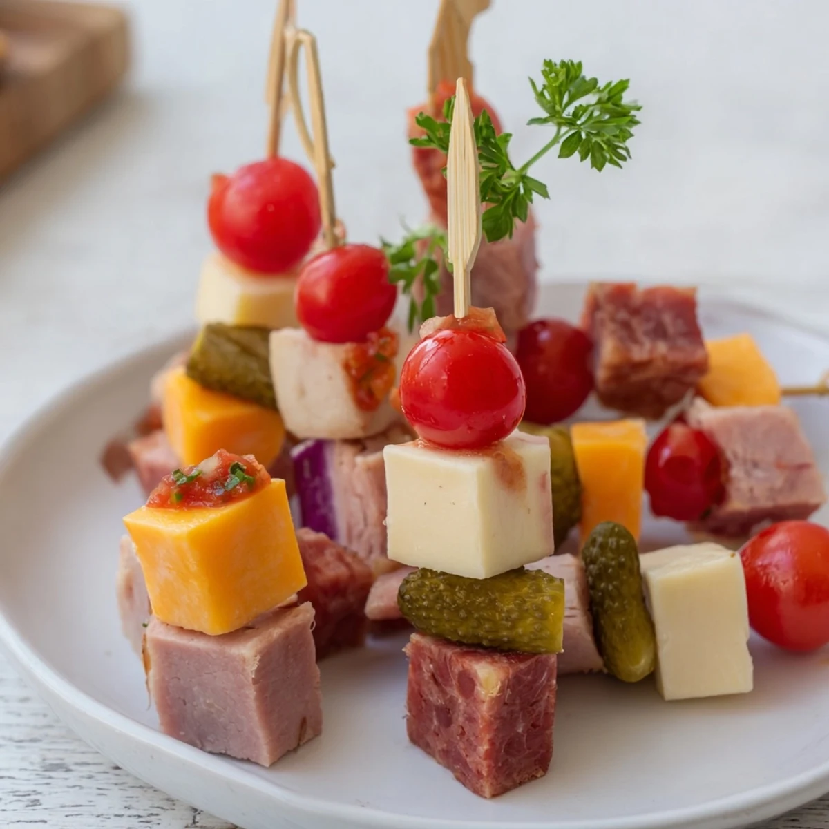 Savory Skewers showcasing vibrant cubes of meat, cheese, and pickle, ready for easy snacking.