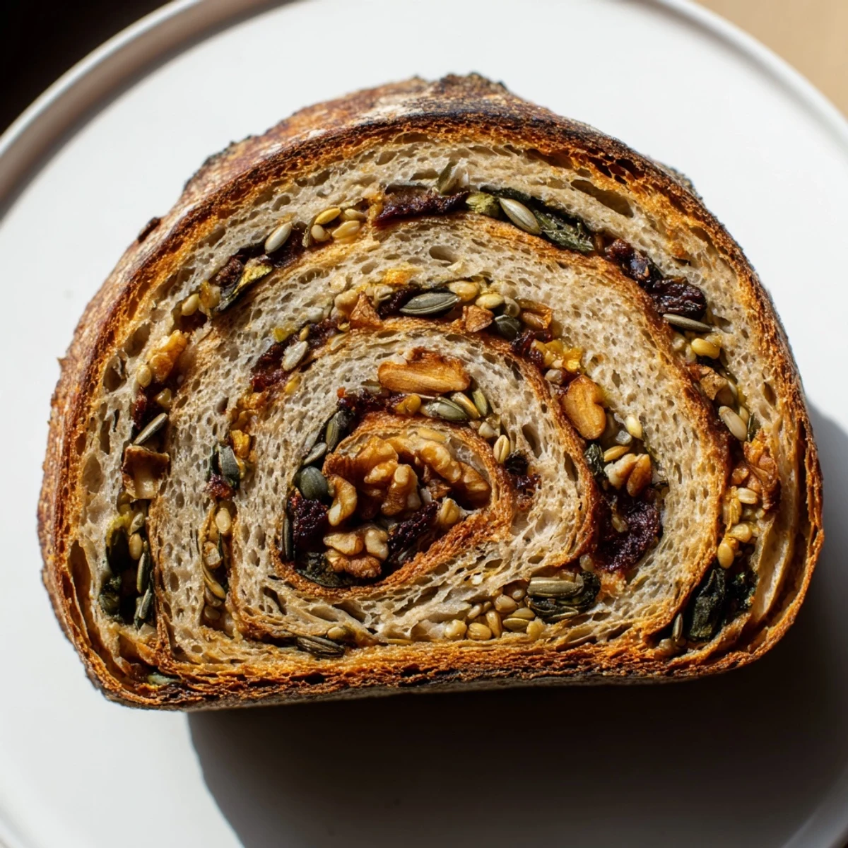 A golden-brown Fibonacci Spiral Growth Bread loaf with a complex, spiraling design, ready to slice.