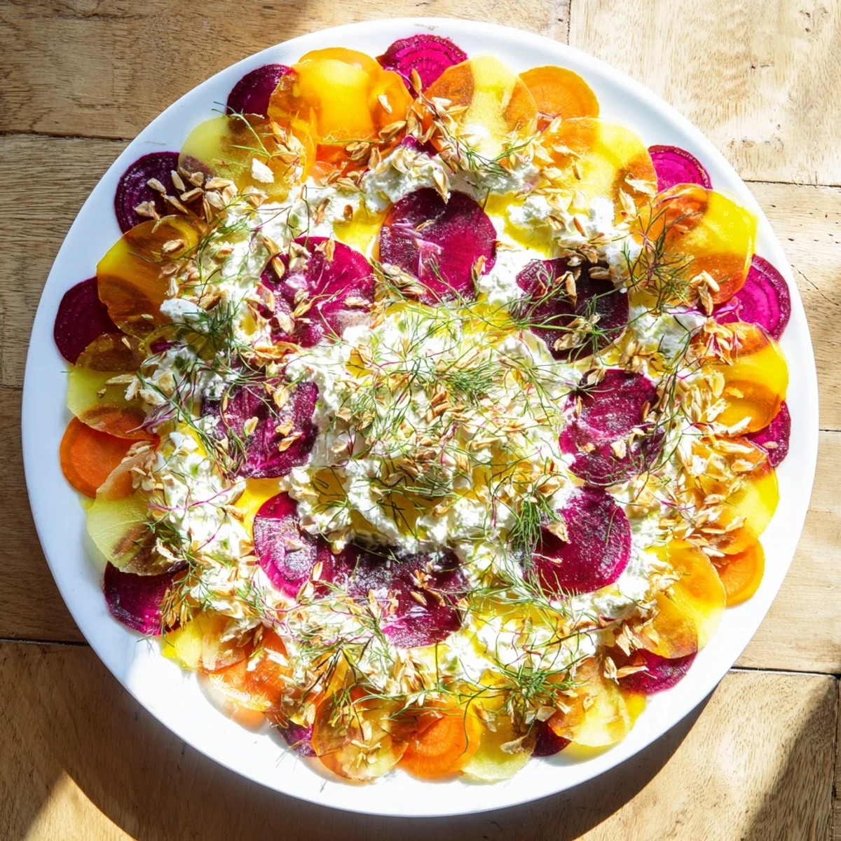 Vibrant Radial Symmetry Sunburst salad, showcasing colorful, thinly sliced vegetables radiating from creamy goat cheese.