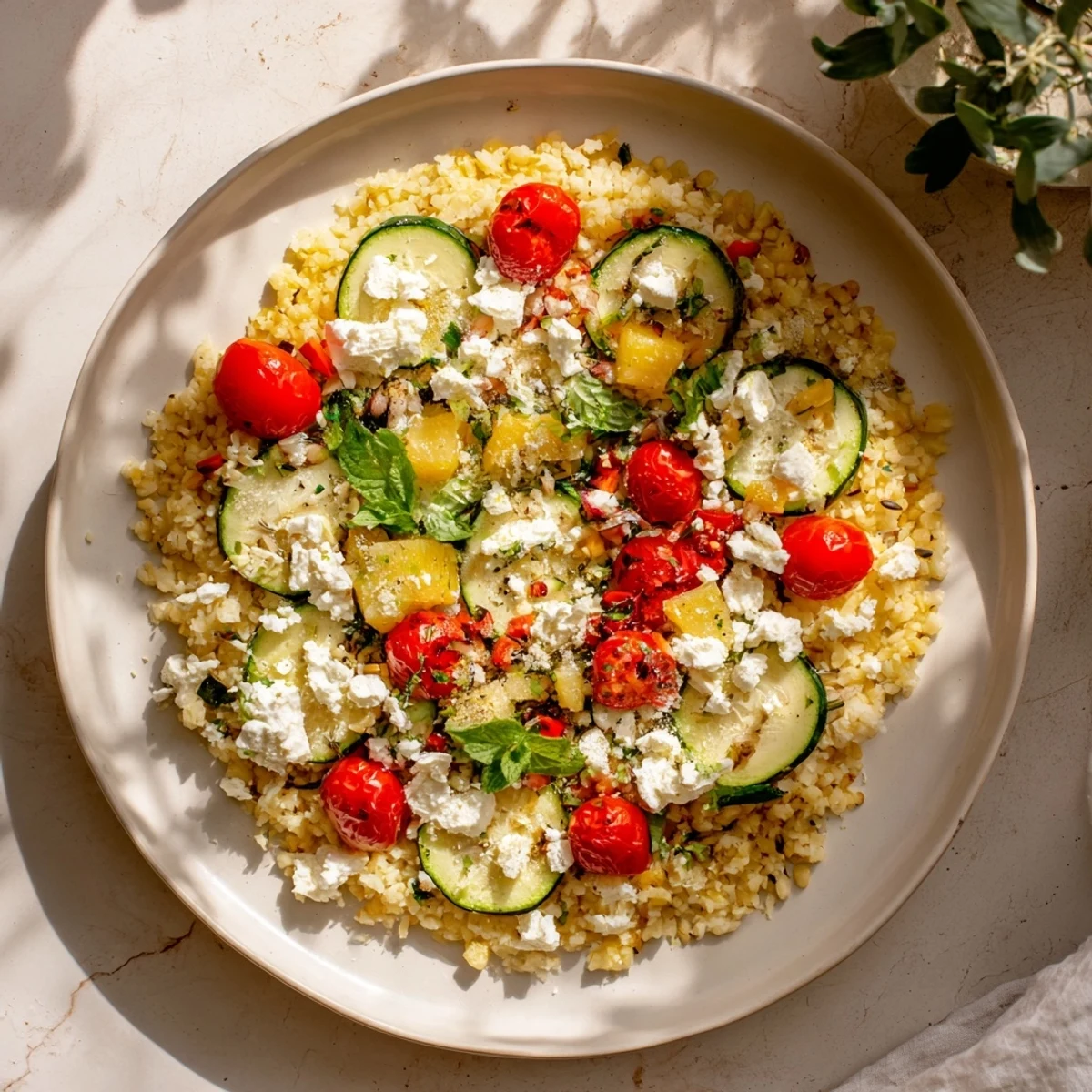 Vibrant concentric rings of flavor: sweet pineapple, savory feta, and spicy chickpeas arranged on a platter.