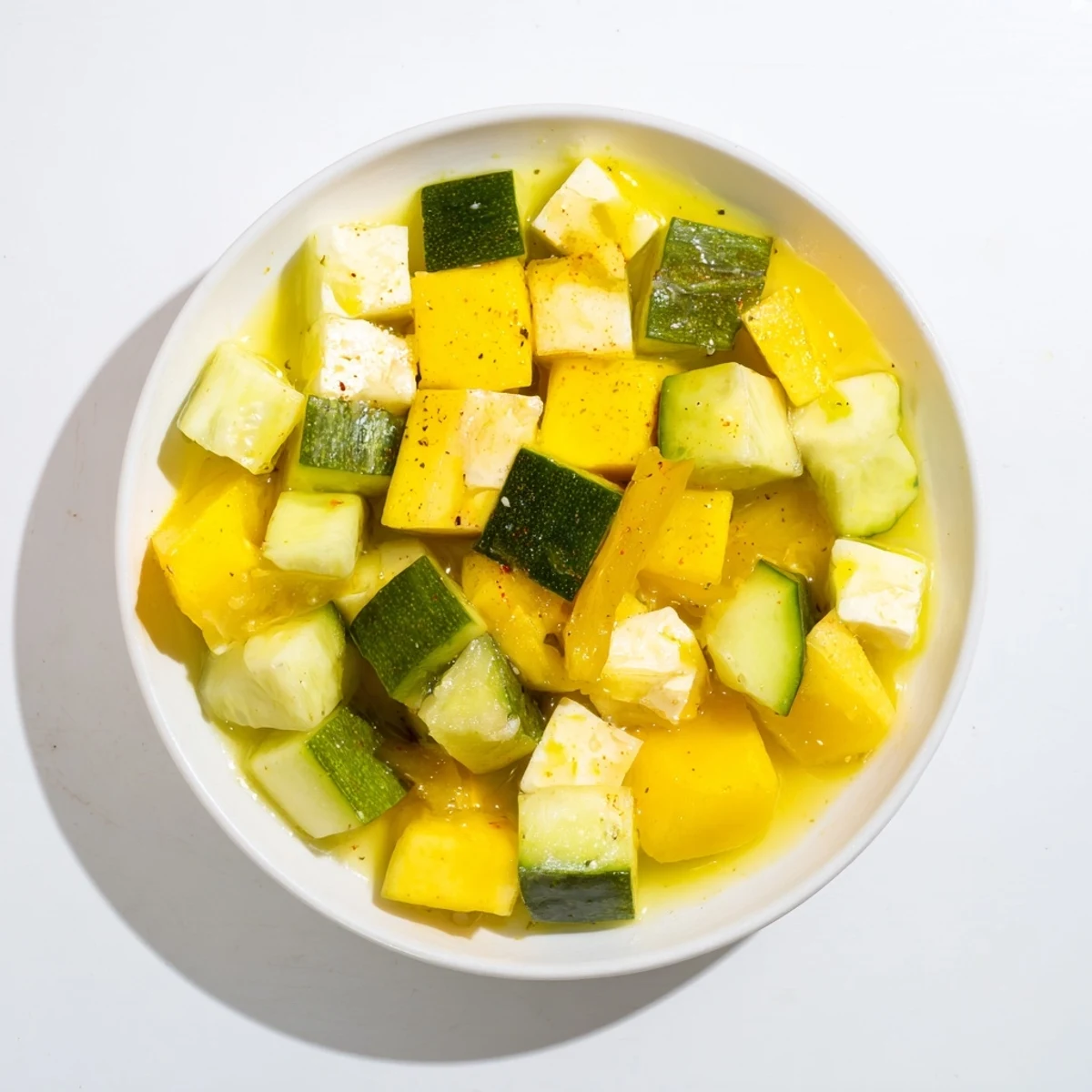 Vibrant photo of Cube Geometry Study salad, showcasing perfectly diced fruits, veggies, and feta cheese cubes.