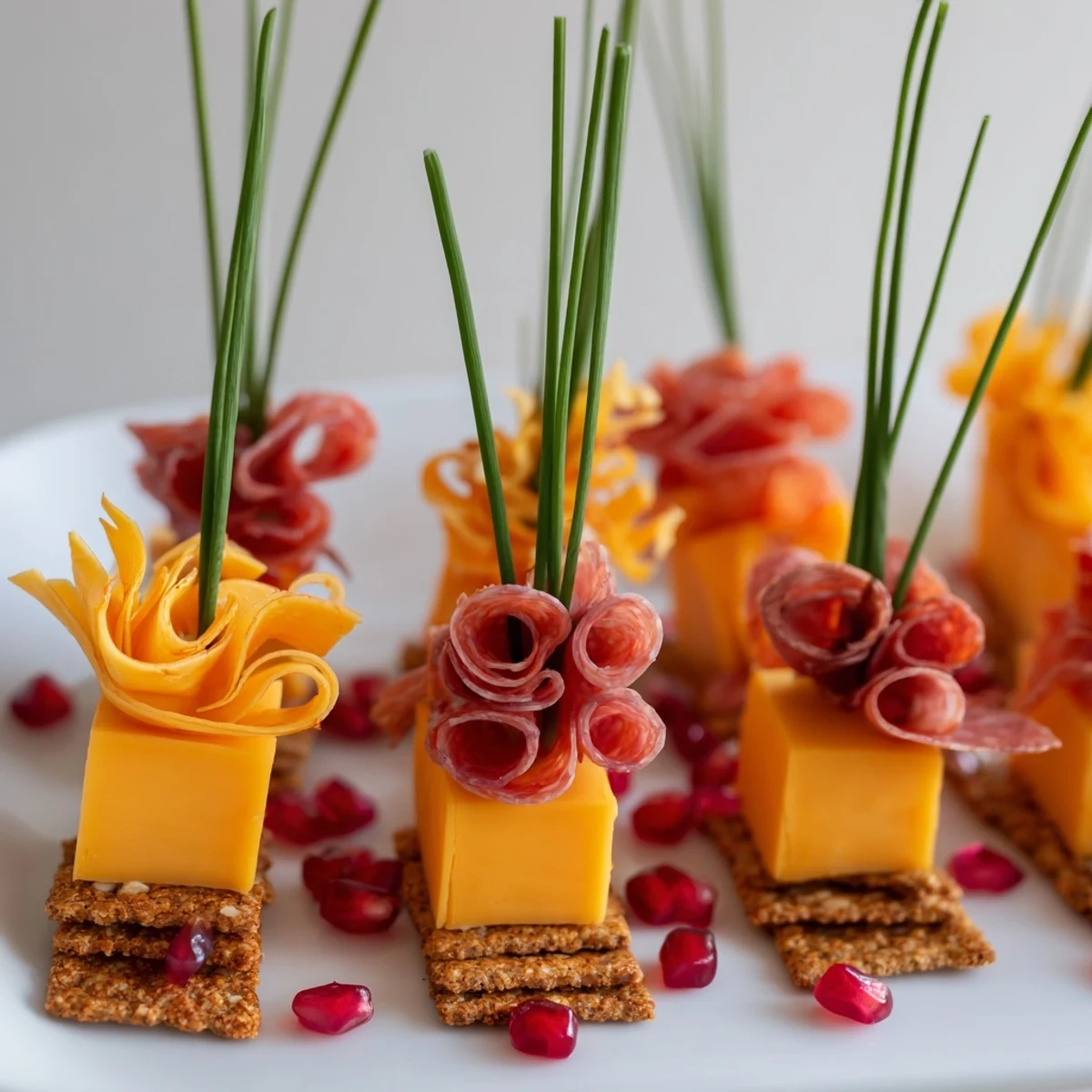 Layered Urban Skyline appetizer with colorful cheese and meat stacks, garnished with chives.