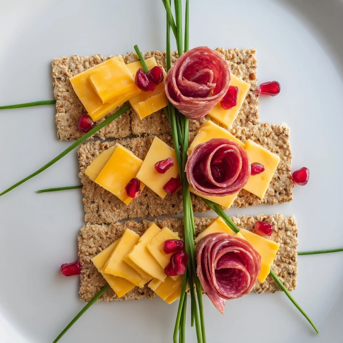Visually impressive Layered Urban Skyline appetizer, perfectly arranged with cheese, meat, and chive accents.