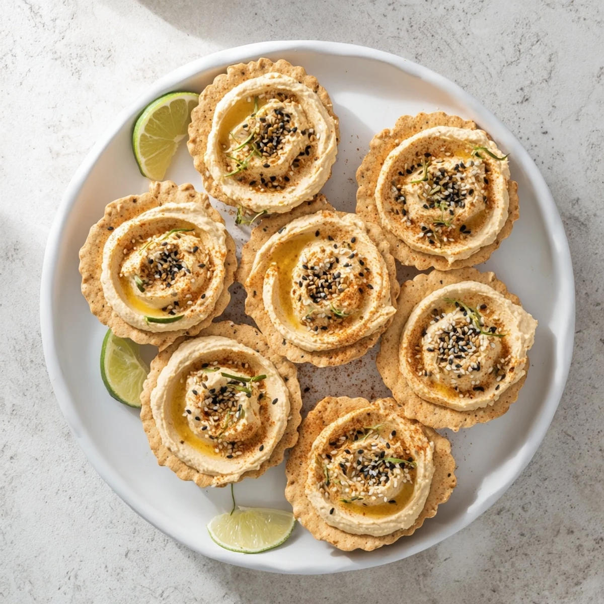 A beautiful Sandstone Canyon appetizer: creamy hummus layered with crunchy crackers and sesame seeds.