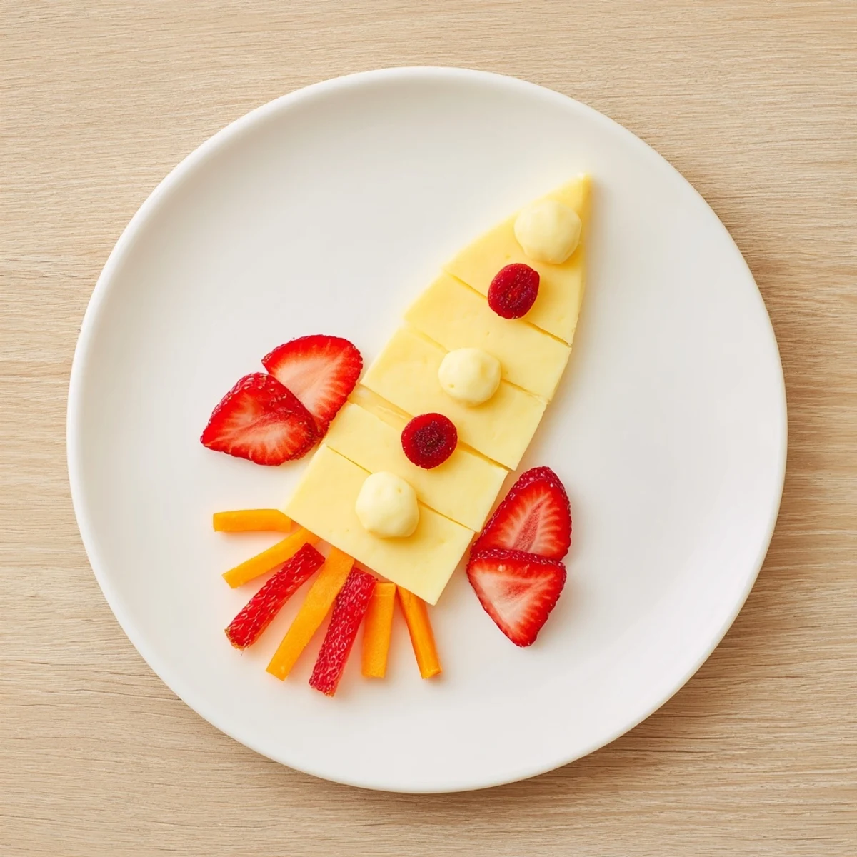 Bright strawberry flames and cheddar cheese create a fun, kid-friendly Retro Rocket snack platter.