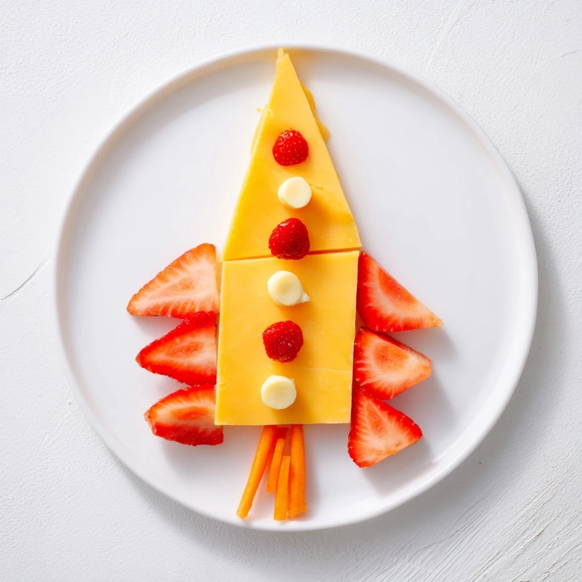 A visually stunning Retro Rocket snack: pointed cheese wedges form a rocket, strawberry flames at the base.