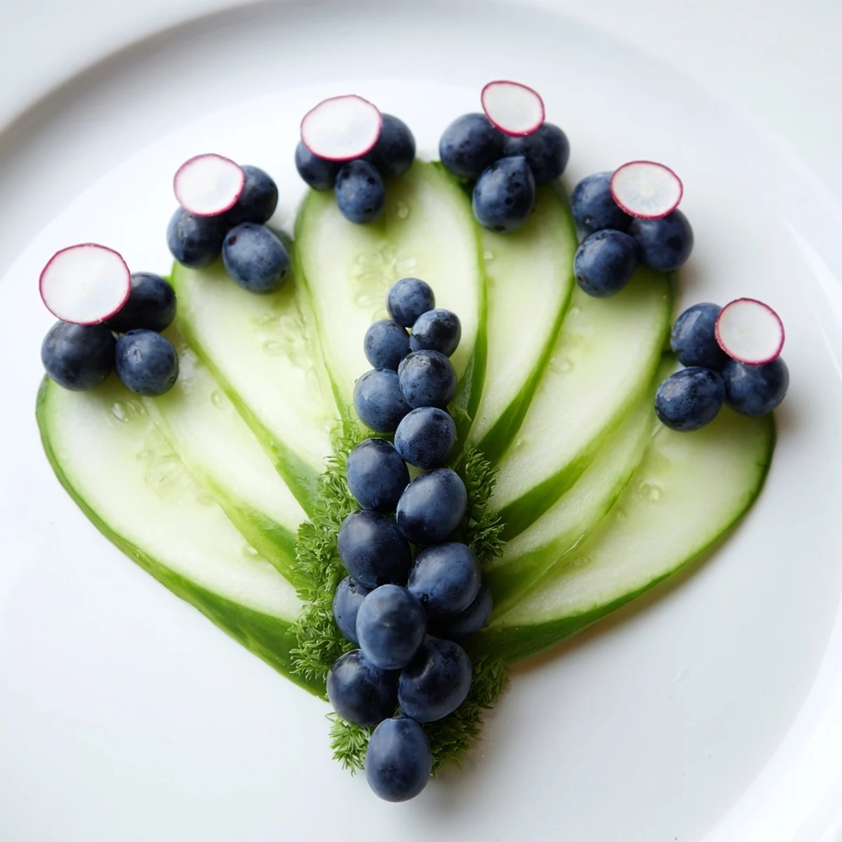 A vibrant Peacock Tail appetizer, featuring cucumbers, grapes, and radish accents on a platter.