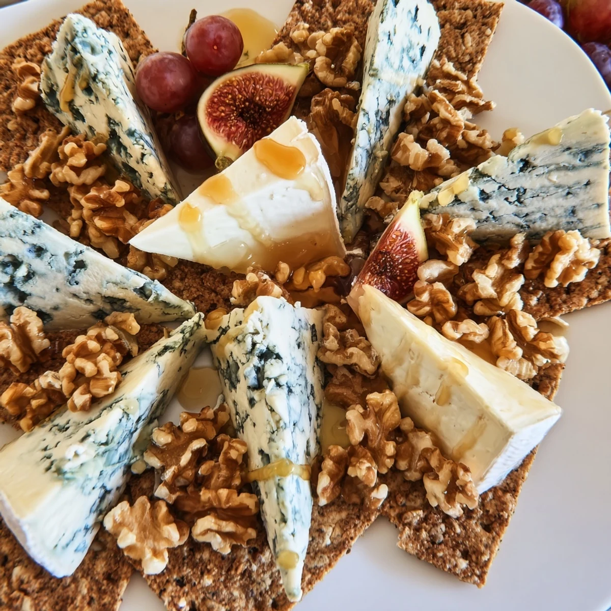 Artfully arranged The Blue Ridge Mountains appetizer: blue cheeses shaped like peaks, served with grapes.