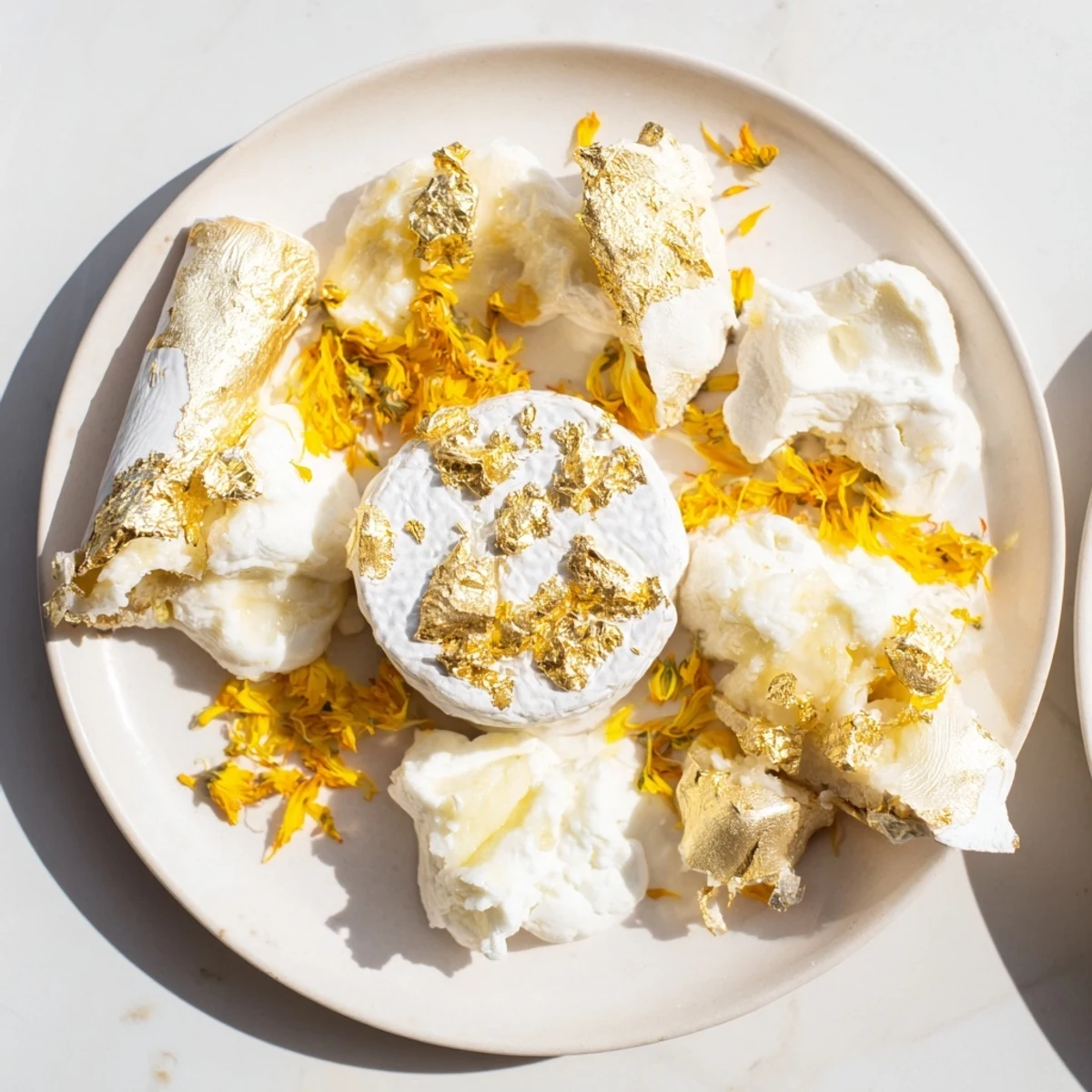 The Gilded Lily cheese platter, golden and floral, offers a luxurious appetizer experience.