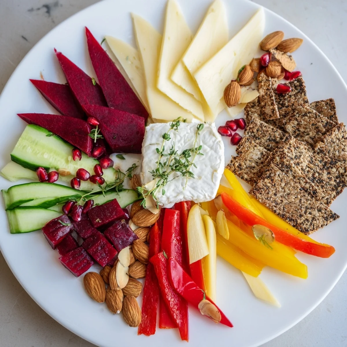 Vibrant photo shows the artistic tessellation triangle appetizer board, featuring colorful cheese, fruit, and veggie triangles.