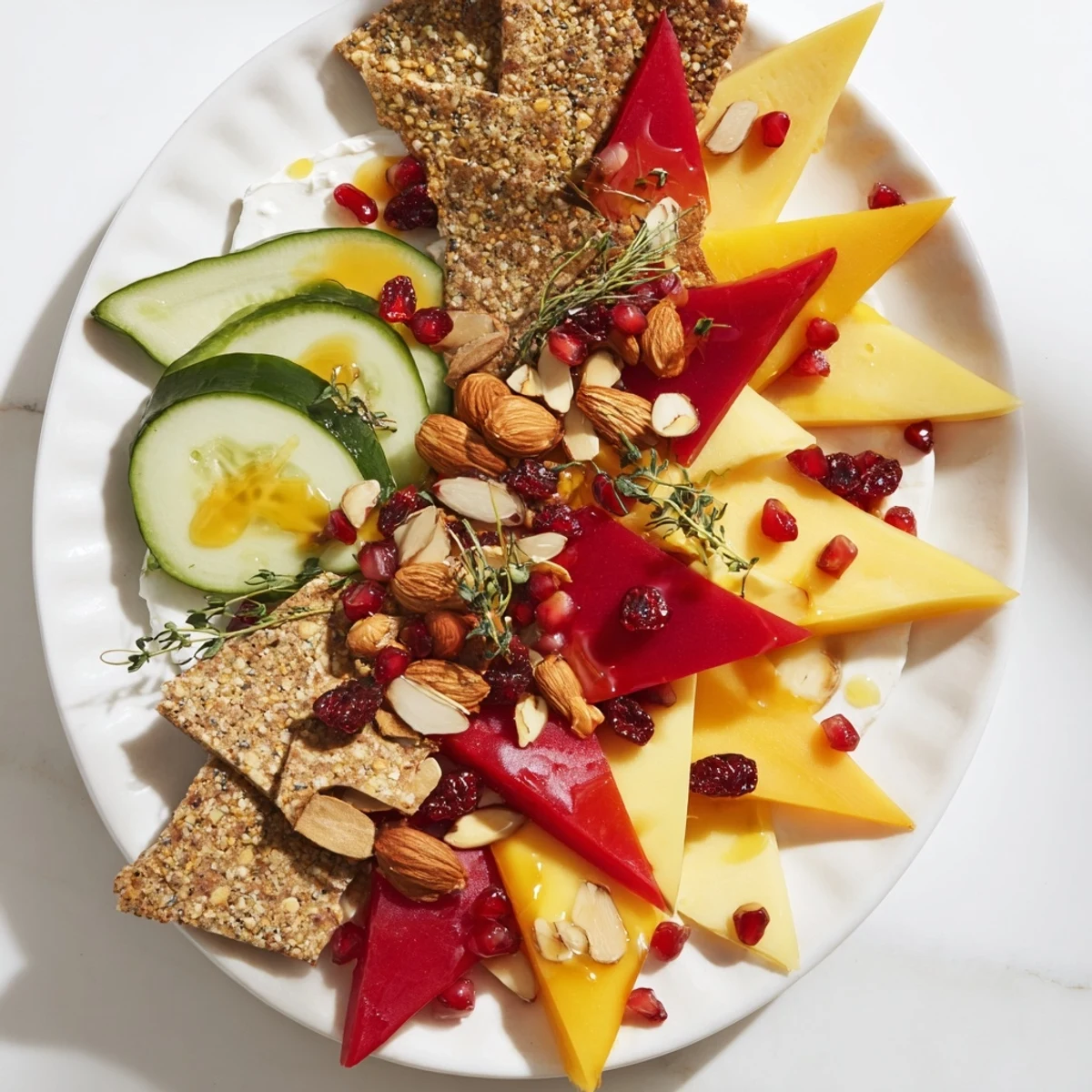 Appetizing close-up of a perfectly arranged tessellation triangle, with flavors of cheese, fruit, and interesting toppings.
