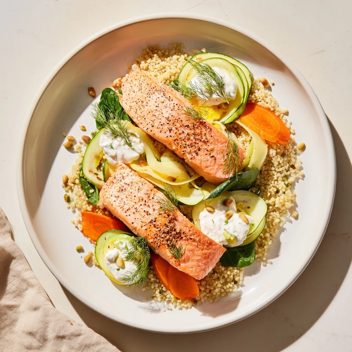 Elegant Infinity Loop Flow plating with flaked salmon and colorful blanched vegetables, ready to serve.
