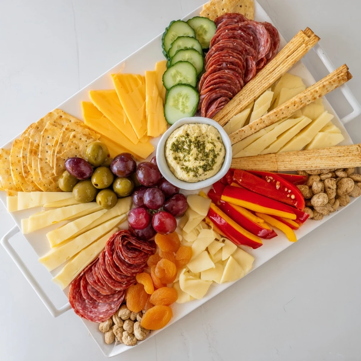 Arrowhead charcuterie board with pointed cheeses, meats and grapes directed to the creamy dip.