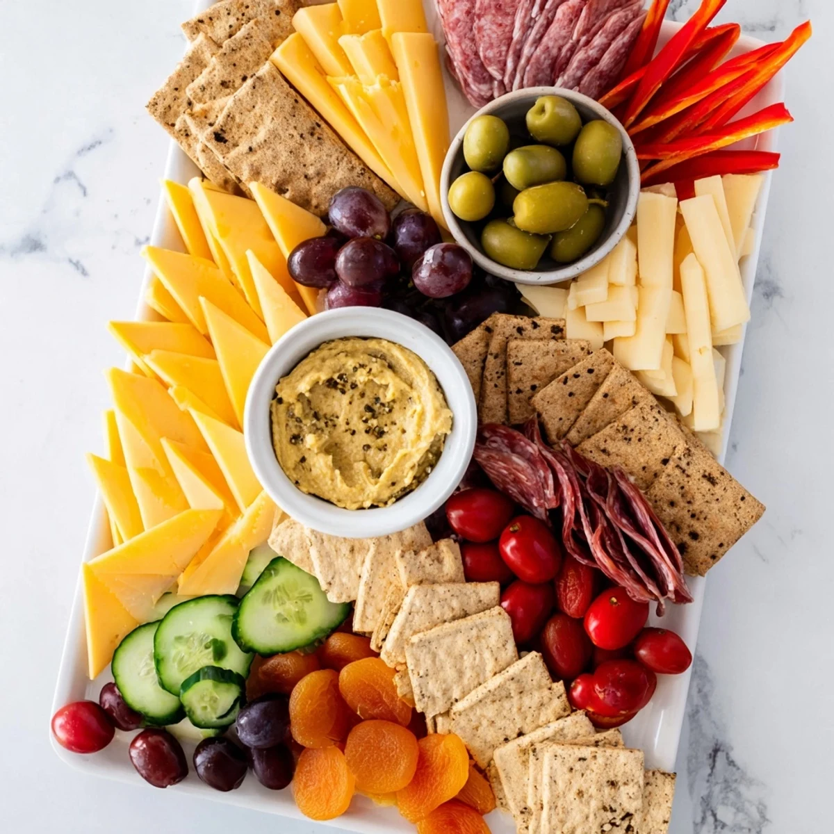 This flavorful arrowhead charcuterie board features angled prosciutto, fresh veggies and crackers.