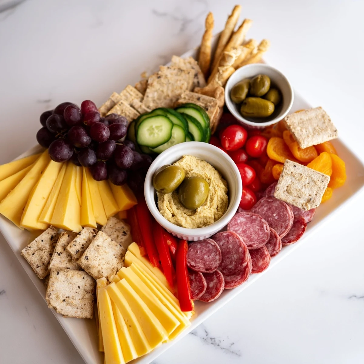 Beautifully arranged arrowhead directional board showcases colorful cheese, olives, and a zesty hummus bowl.