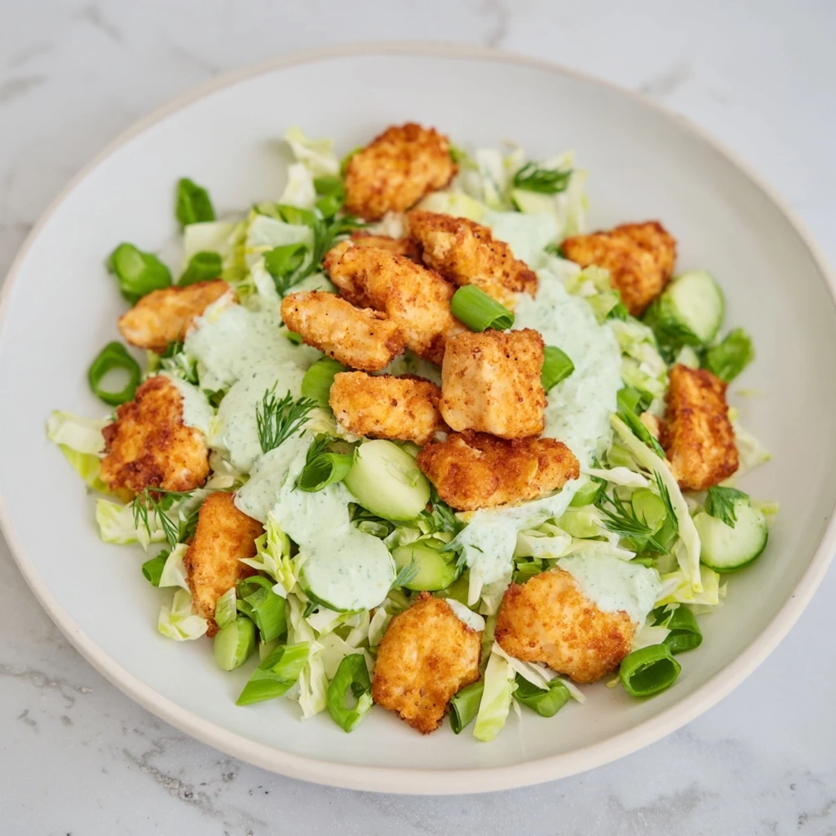 Crispy air-fried chicken nuggets atop vibrant Green Goddess salad, a delicious and satisfying meal.
