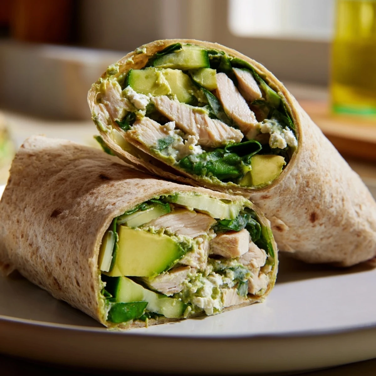 Green Goddess Wellness Wrap, bursting with avocado, chicken, and a vibrant green goddess dressing.