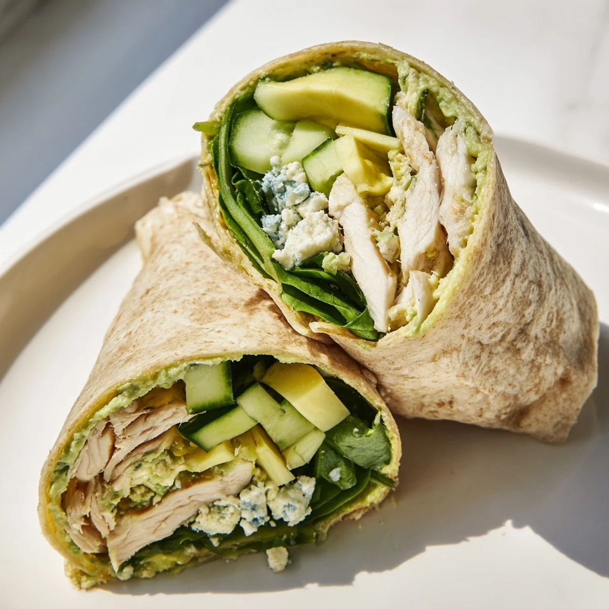 Close-up of a delicious Green Goddess Wellness Wrap; the creamy dressing oozes out after being cut.