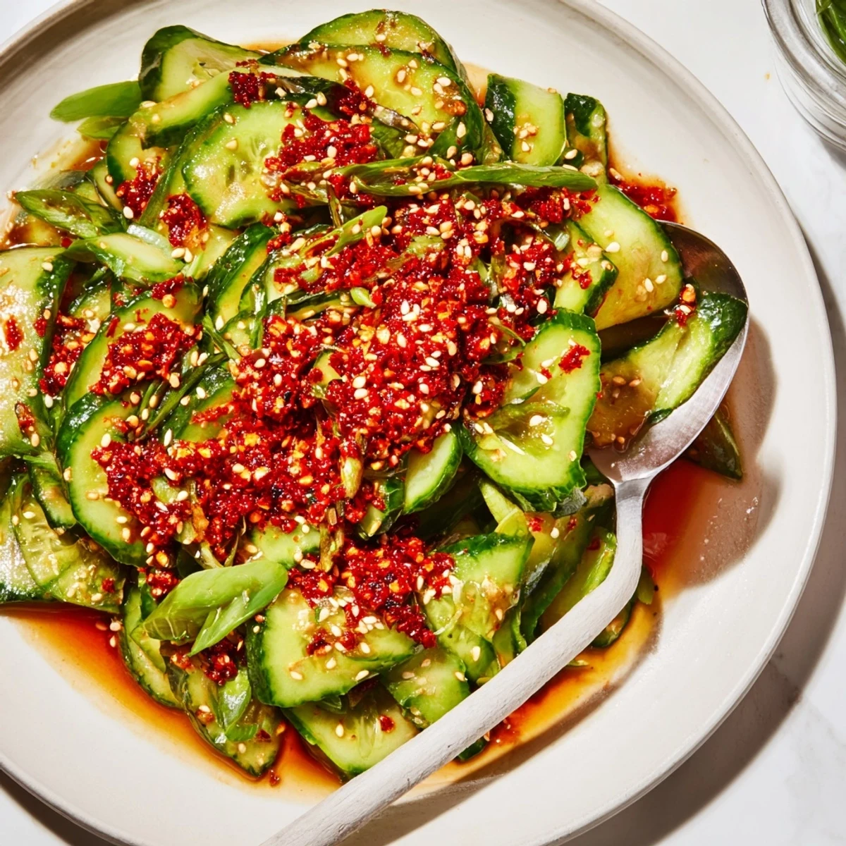 Crisp Cucumber Shaker Salad, glistening with chili crisp and sesame seeds, ready to serve.