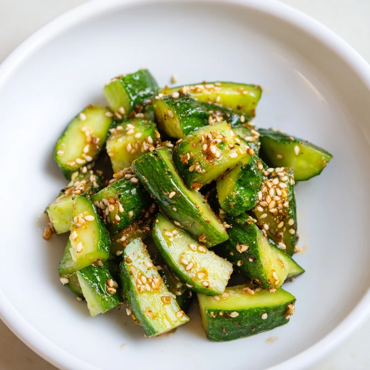 A chilled Cucumber Shaker salad, exploding with umami flavor, topped with sesame seeds.