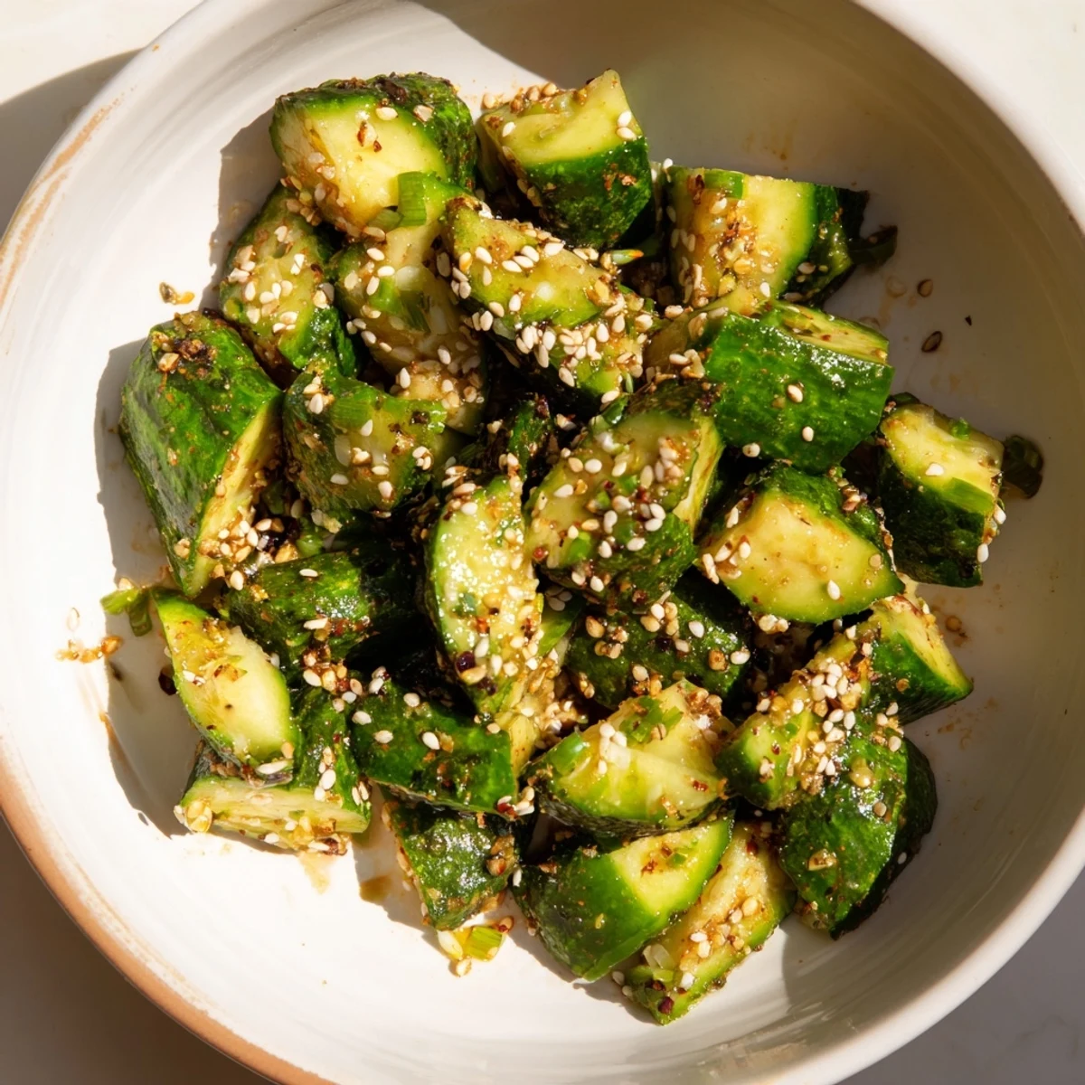 Fresh Cucumber Shaker with a vibrant rice vinegar glaze, ready for a refreshing bite.