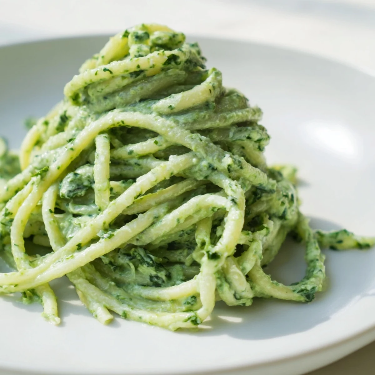 Bright green Green Goddess Pasta Sauce, creamy and blended, tossed with perfectly cooked pasta.
