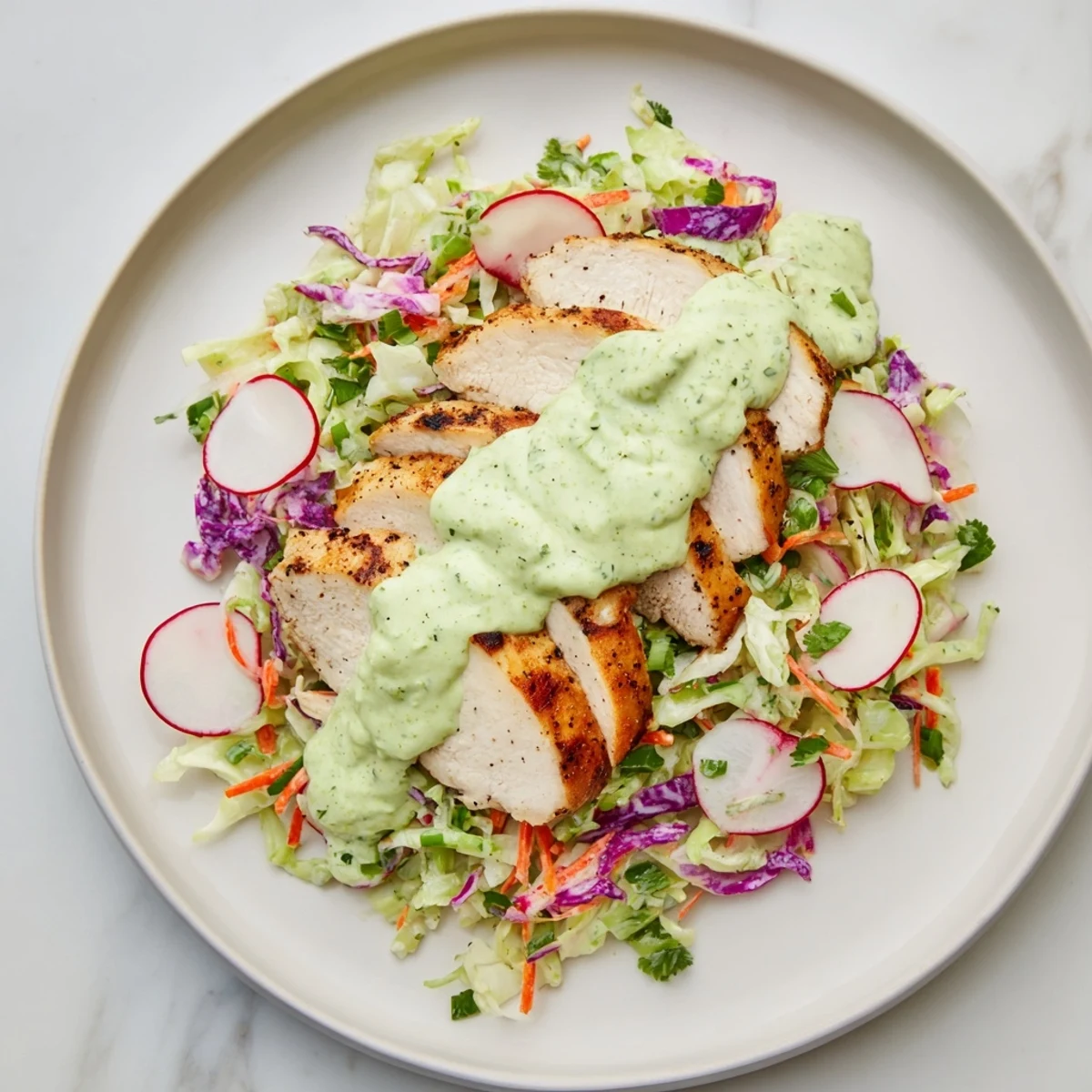 Green Goddess Cabbage Slaw with grilled chicken, a colorful main dish, featuring fresh vegetables.