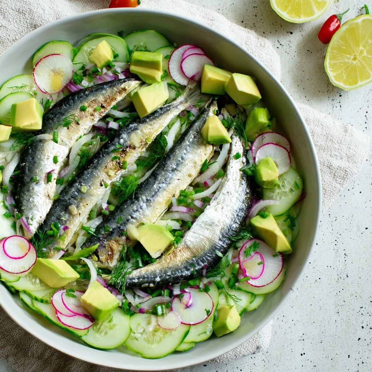 Cucumber and Tinned Fish Date Night Salad: A visually appealing salad of fresh ingredients, topped with flaky fish for a romantic dinner.