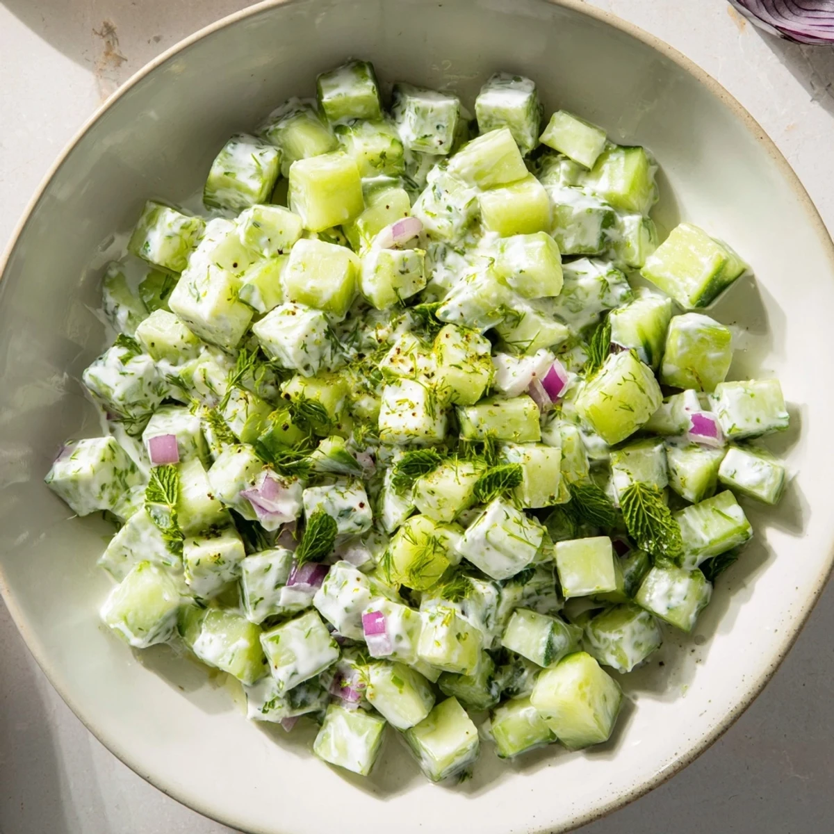 Creamy Cucumber and Greek Yogurt Tzatziki Salad, a cool and refreshing dip with fresh herbs.