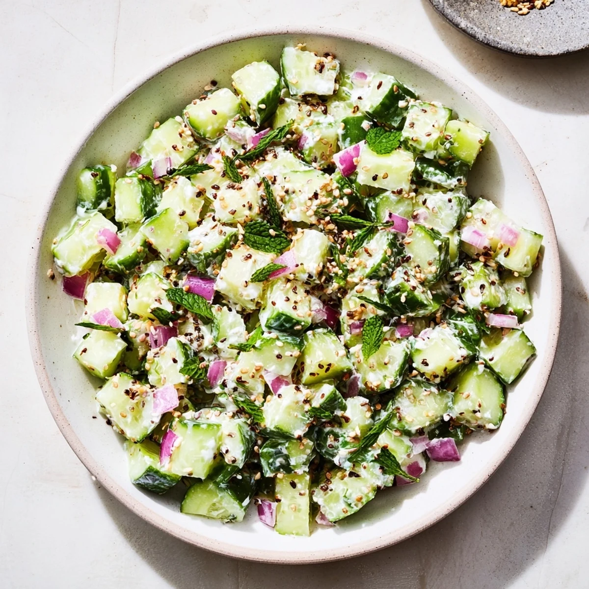 Vibrant Cucumber and Greek Yogurt Tzatziki Salad, ready to serve with a drizzle of olive oil.