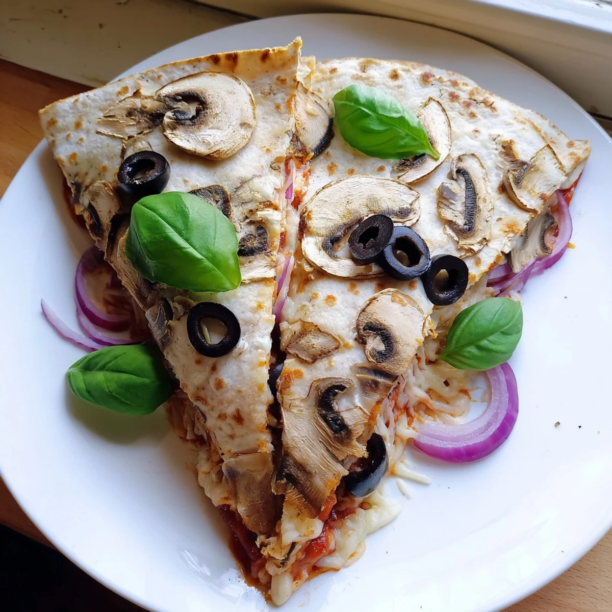 Golden brown Cheesy Tortilla Pizza Wrap filled with melty cheese and savory, classic pizza toppings.