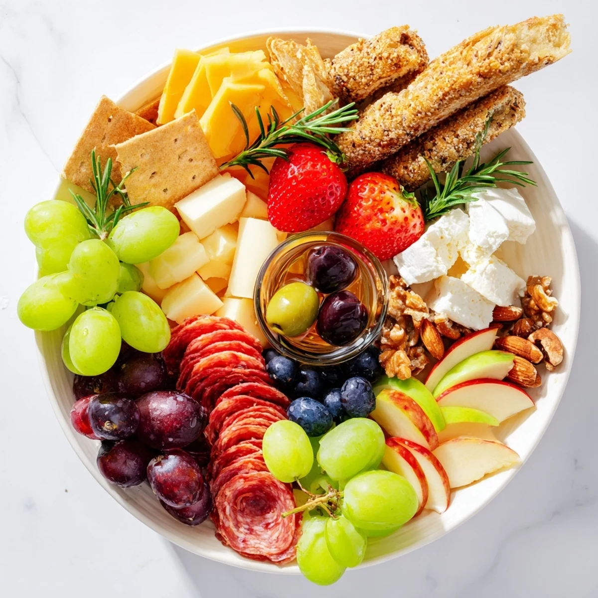 Quick charcuterie snack board with colorful fruit, cheese, and meats, ready for snacking.