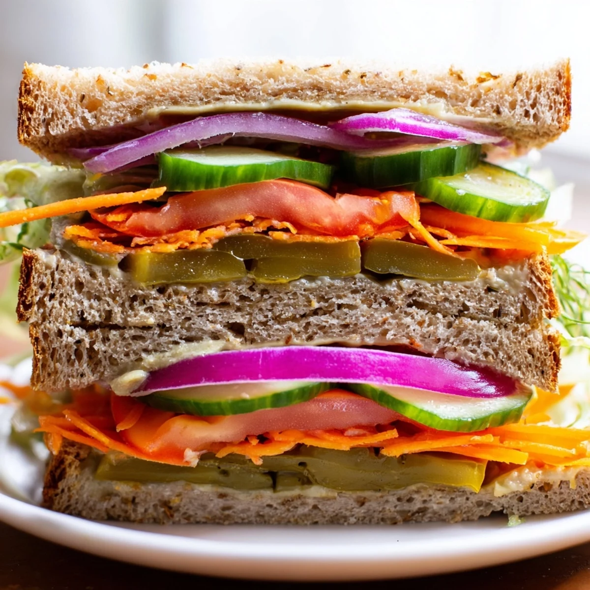 Mouthwatering Crunchy Dill Pickle Sandwich, loaded high with pickles and vibrant veggies ready to eat.