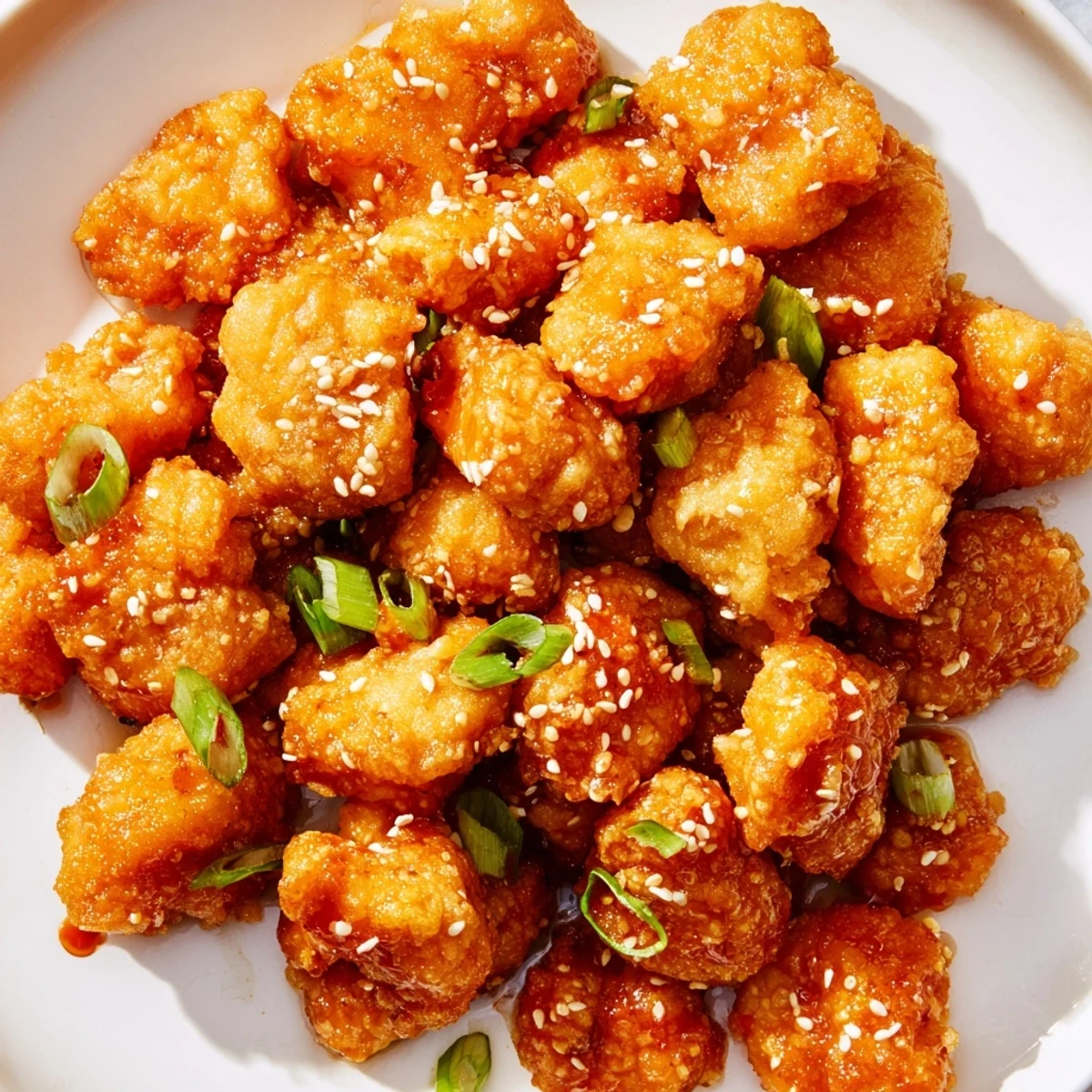 Golden-brown Honey-Sriracha Chicken Bites, sticky with glaze and sprinkled with green onions, ready to eat.