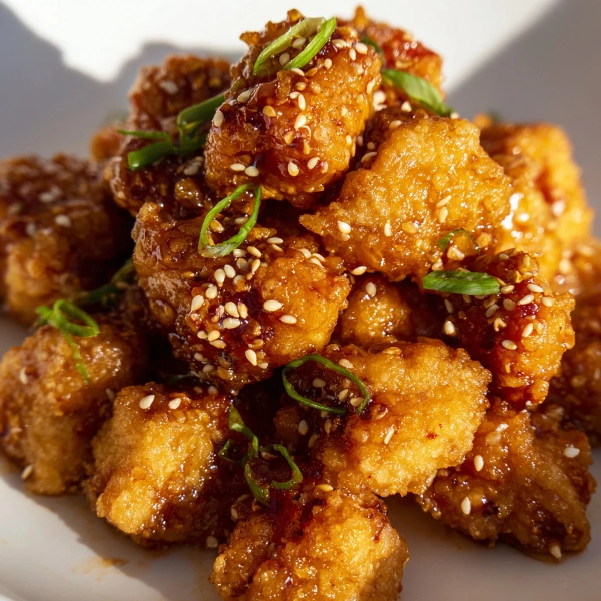 Appetizing close-up of Honey-Sriracha Chicken Bites, glistening from the sweet and spicy sauce, ready for serving.