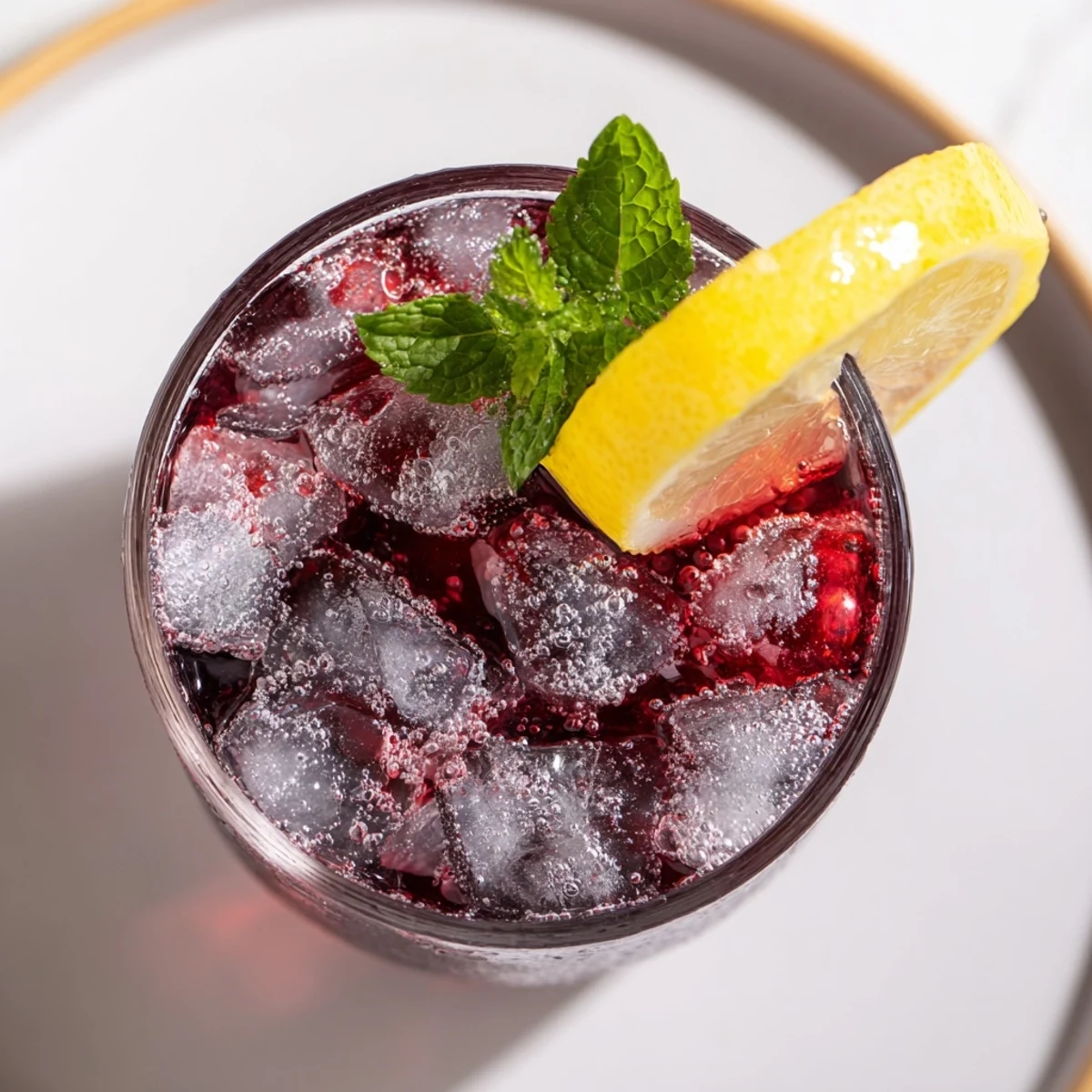 A chilled glass of Sleepy Girl Cherry Mocktail, garnished with fresh mint and lemon.