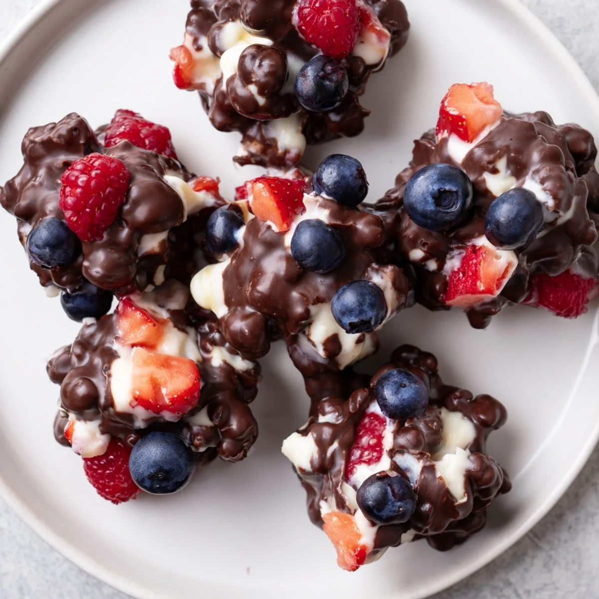 Frozen Chocolate Yogurt Clusters ready to eat; dark chocolate-covered with fresh berry pieces.