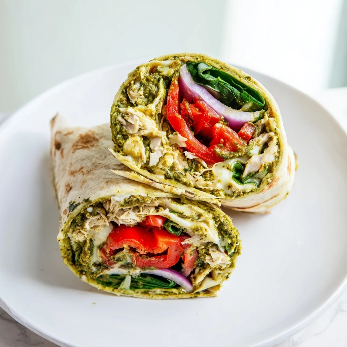 Pesto Chicken Wrap, filled with vibrant veggies and melted mozzarella, ready to eat.