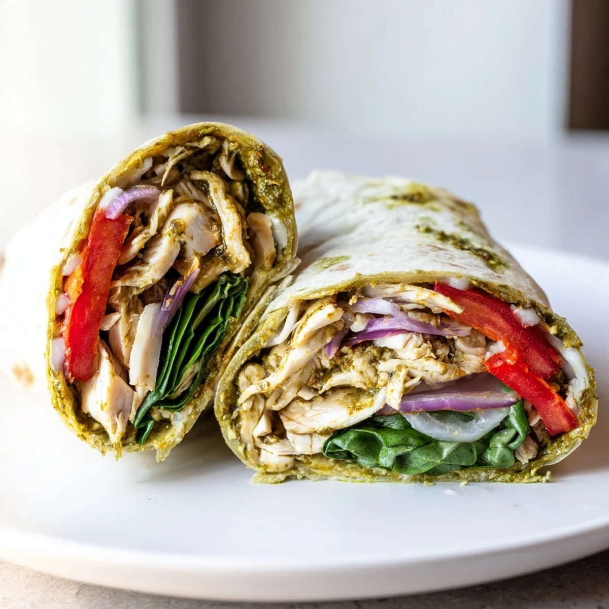 Delicious and colorful Pesto Chicken Wrap: a savory medley of chicken and pesto inside.
