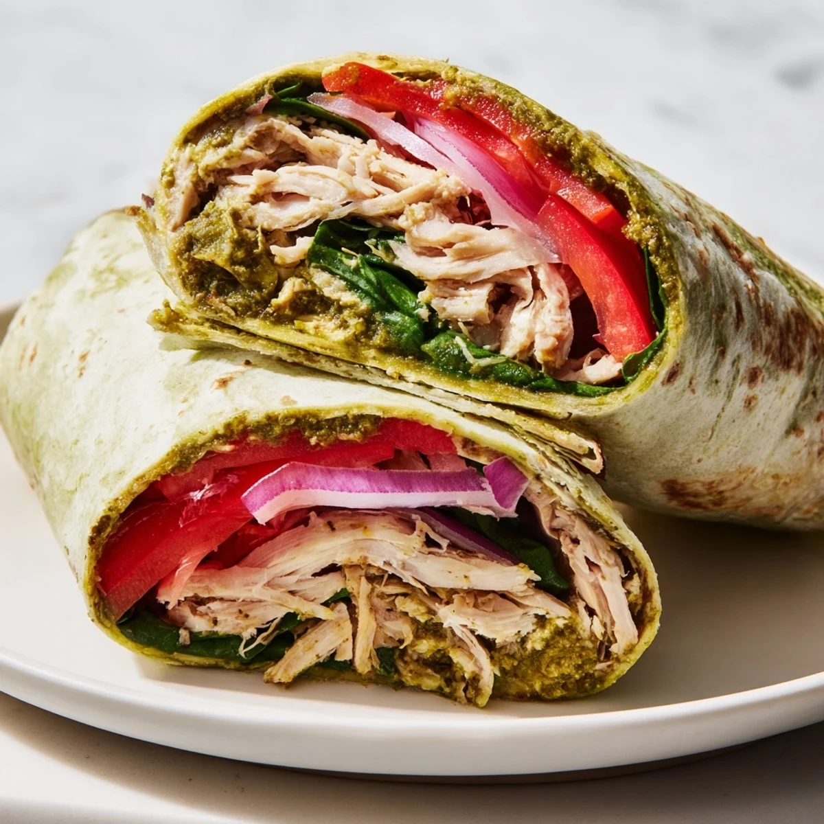 Fresh and easy Pesto Chicken Wrap, perfect for a quick lunch, wrapped and sliced.