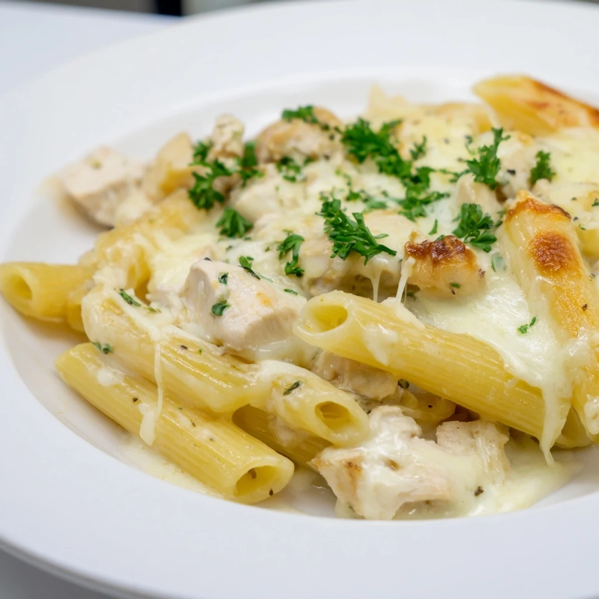 Sizzling Chicken Alfredo Bake, bubbling with melted cheese, promising a comforting Italian-American feast for everyone.
