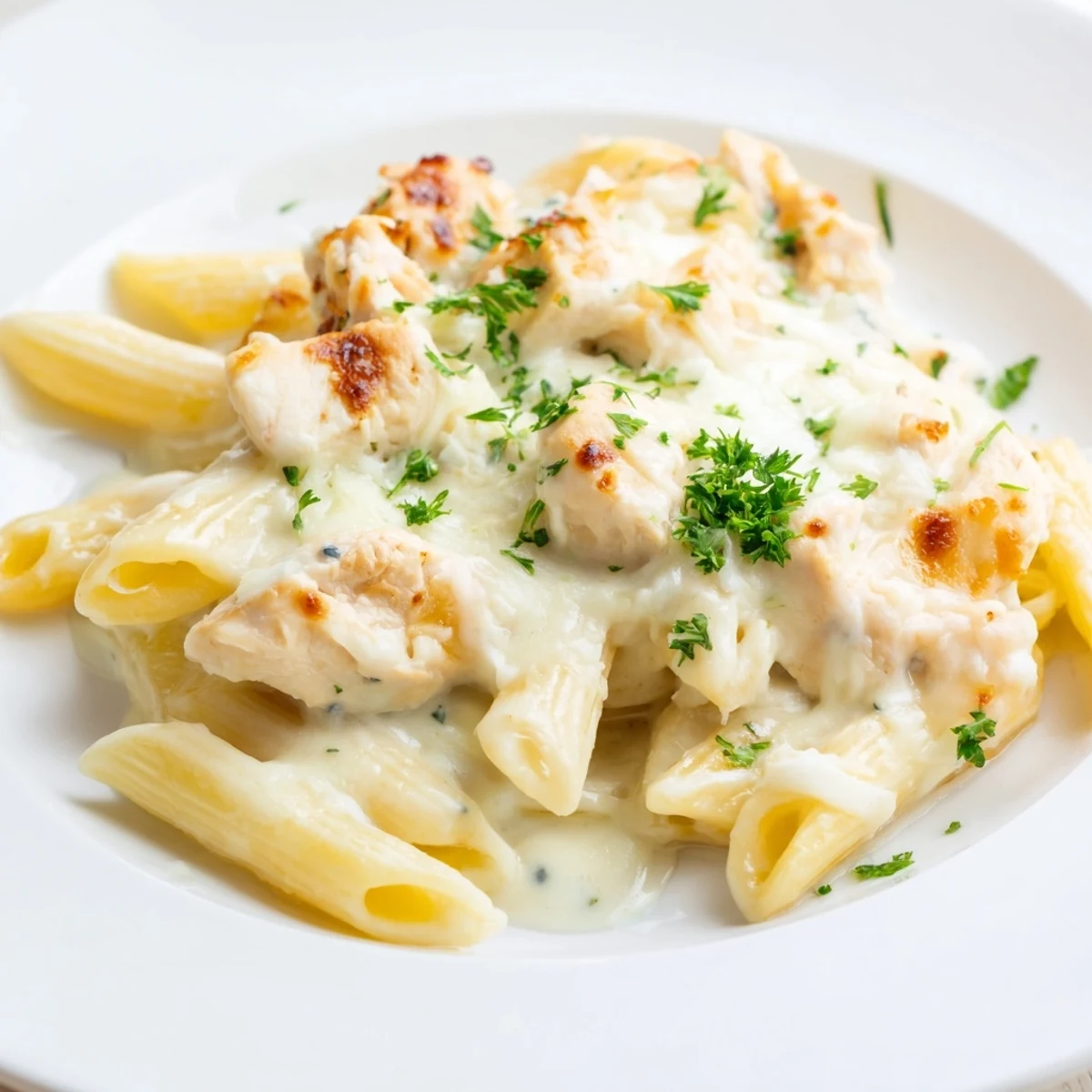 A close-up view of Chicken Alfredo Bake, showing the rich Alfredo sauce and bubbly, browned cheese on top.