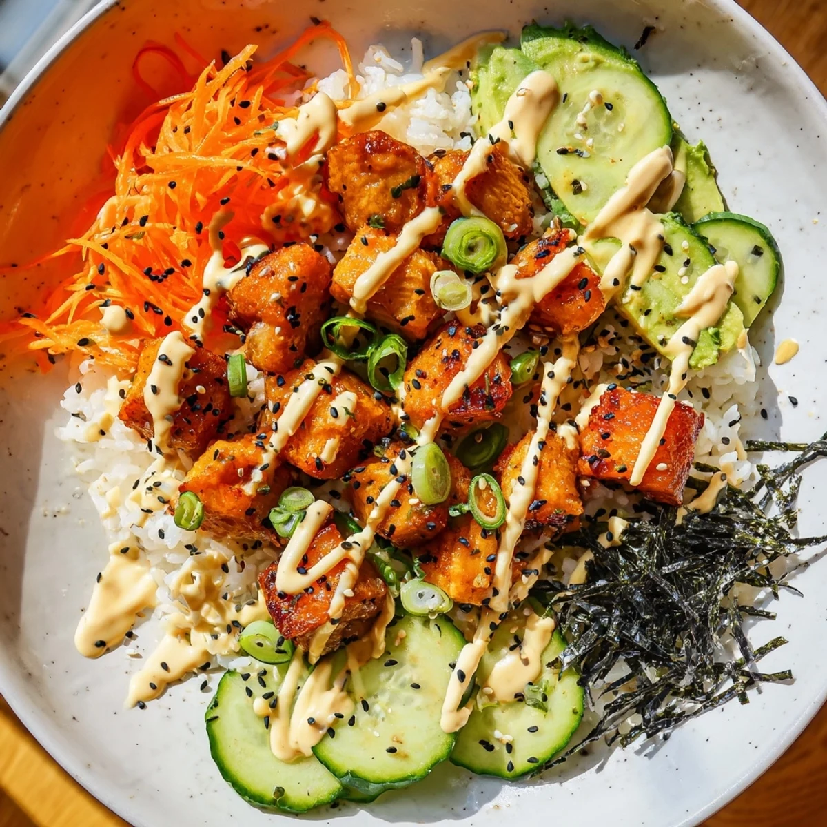 Crispy salmon bites bowl, a colorful plate with rice, avocado, and spicy mayo drizzle.