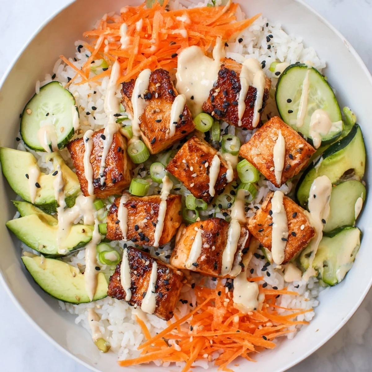 Golden-brown salmon bites in a bowl, a flavorful meal with rice and fresh veggies.
