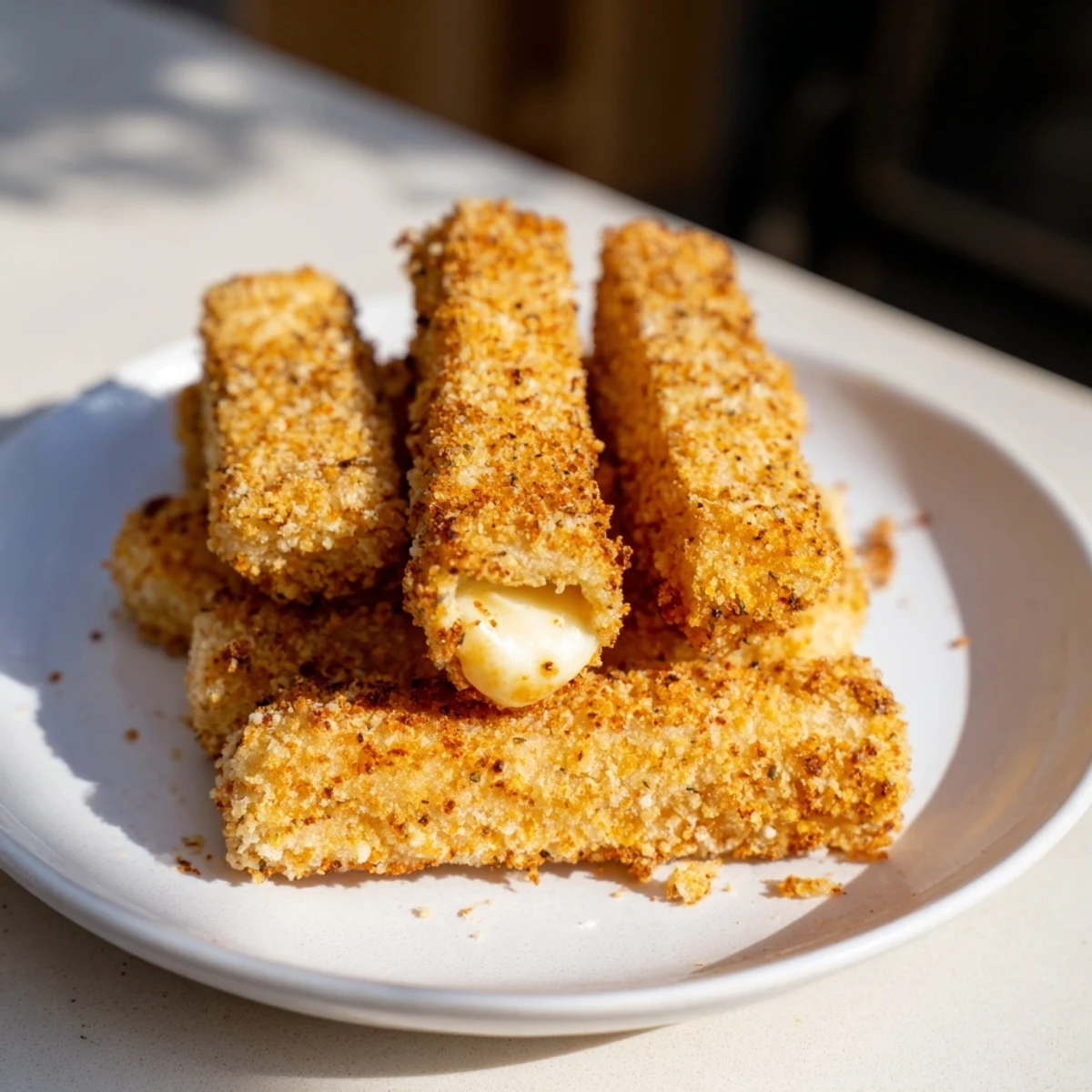 Golden brown air fryer mozzarella sticks, perfect for dipping in warm marinara sauce.