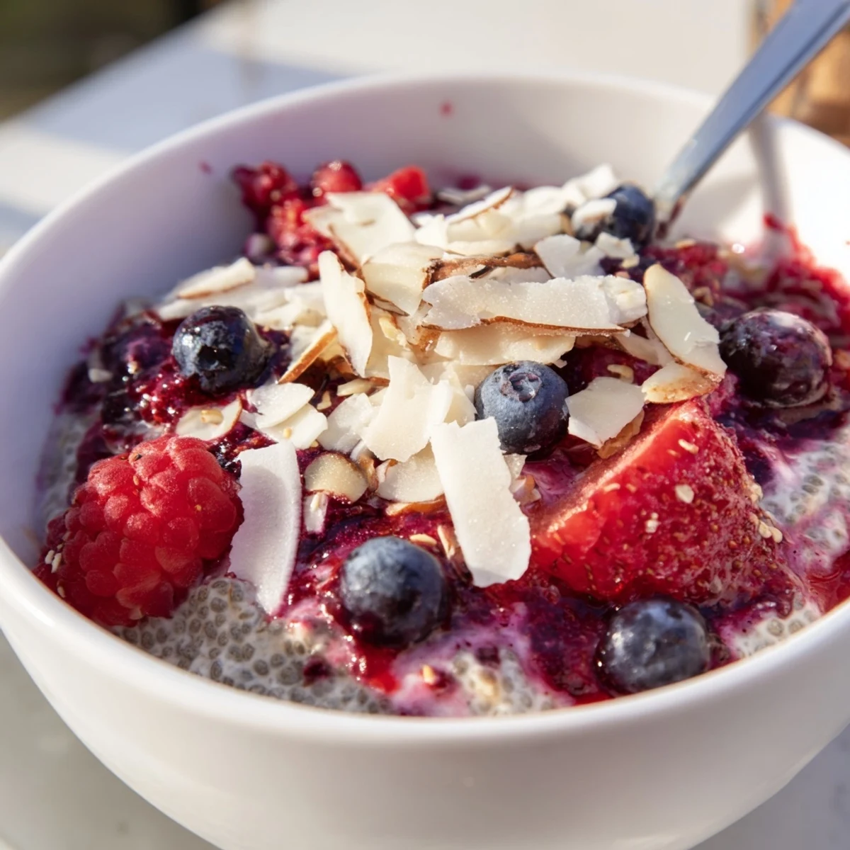 Creamy berry chia pudding with layers of vibrant compote, topped with fresh berries, delicious and refreshing.