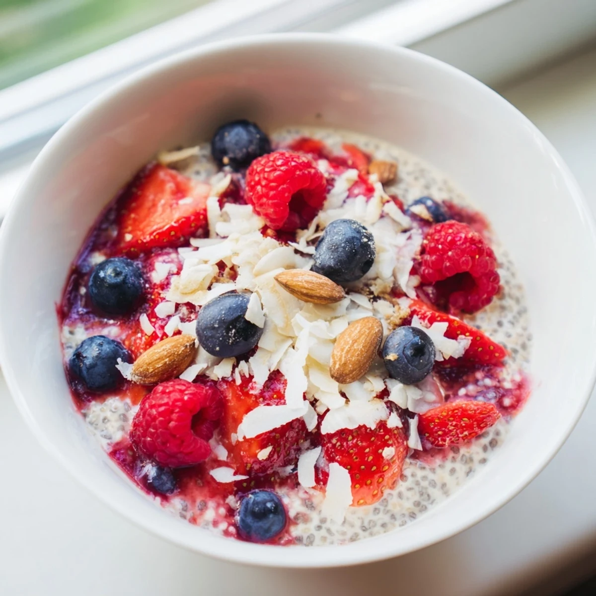 Close-up of a layered berry chia pudding, showcasing the creamy texture and sweet, juicy berries.