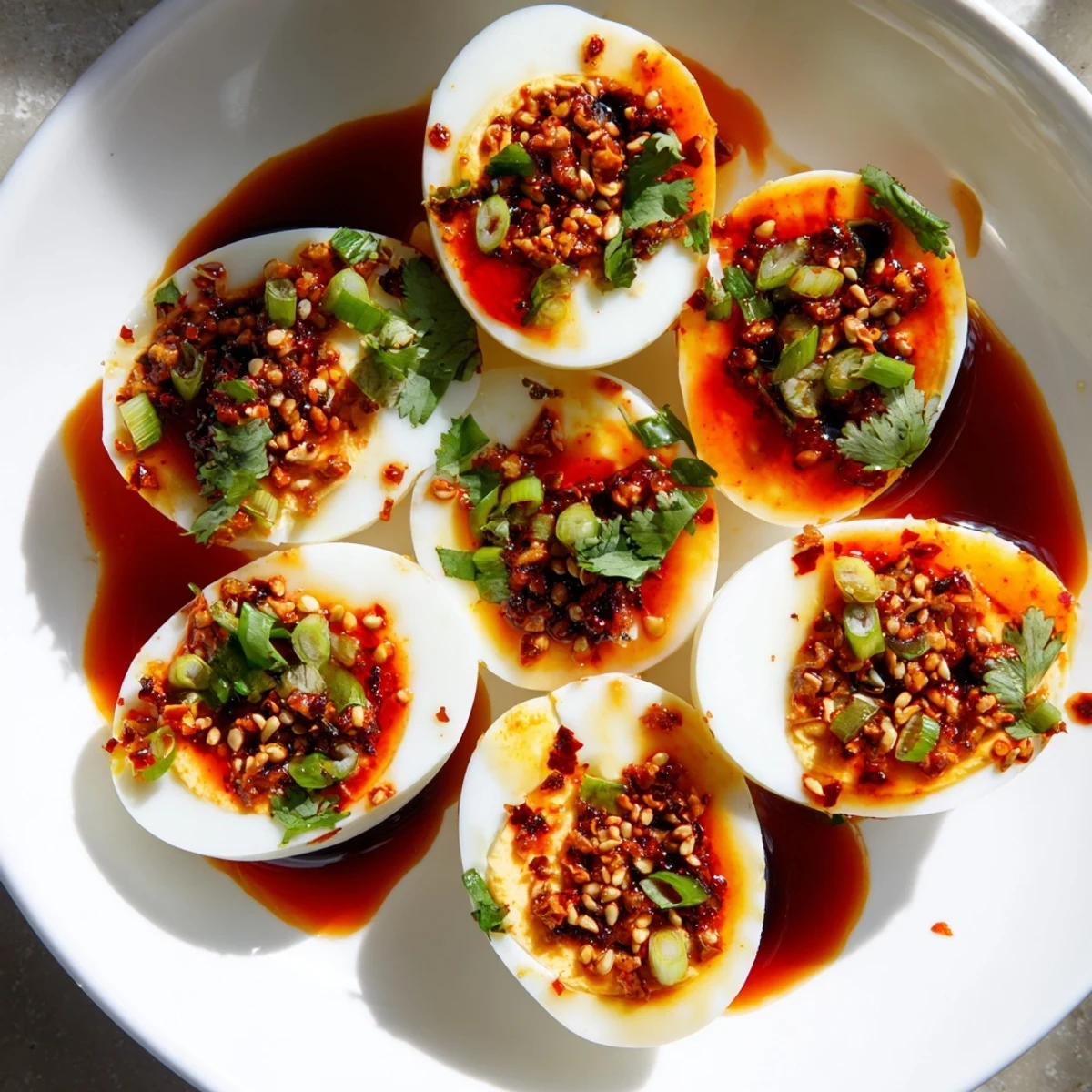 Steaming Chili Oil Eggs, the vibrant breakfast dish, glistening with spicy chili oil drizzle.