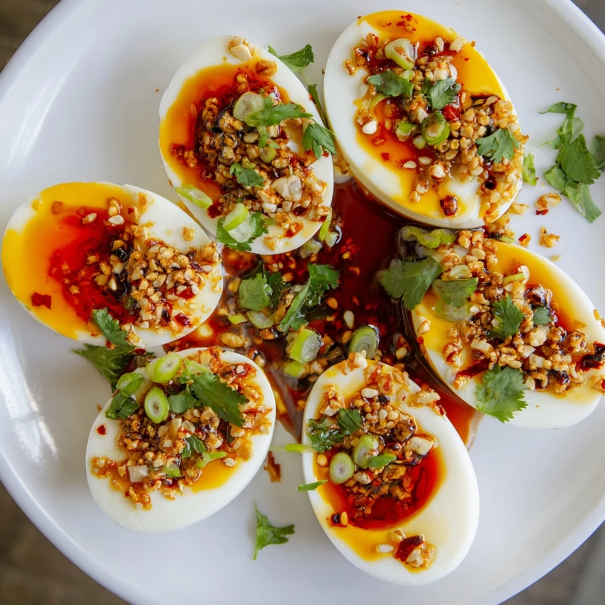 A tempting close-up of Chili Oil Eggs, showcasing rich, orange yolks and flavorful chili topping.